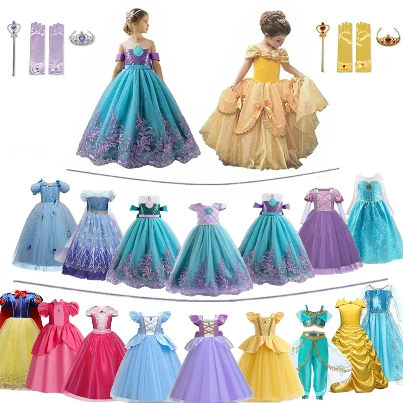 2024 Costumes for Girls Cosplay Princess Belle Mermaid Rapunzel Jasmine Clothes Princess Dress for Girl Cinderella Elsa Dress Up