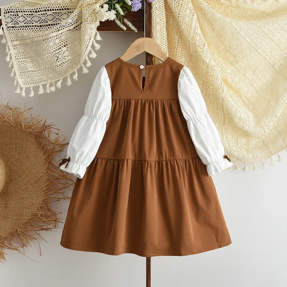 Korean Version 2025 Autumn Long Sleeved Bow Decoration Color Blocked Girls Dresses Fashionable Splicing Khaki Children's Clothes