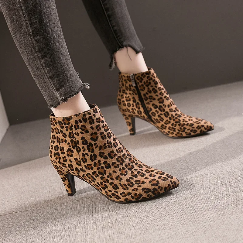 High Heels Ankle Boots Plus Size Leopard Women Boots Retro Pointed Ladies Shoes Side Zipper Booties Botas De Mujer