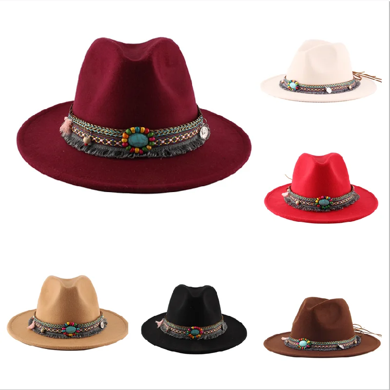 

2022 Handmade Wide Brim Cowboy Fedora Wool Felt Jazz Hat Cap Ethnic Ribbon Decor Men Women Carnival Hats for Unisex