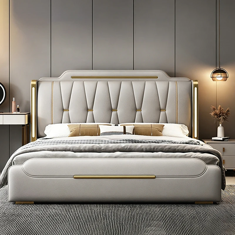 

Modern large bed with lamp frame light luxury leather bedding set household simple upholstered bed with storage space