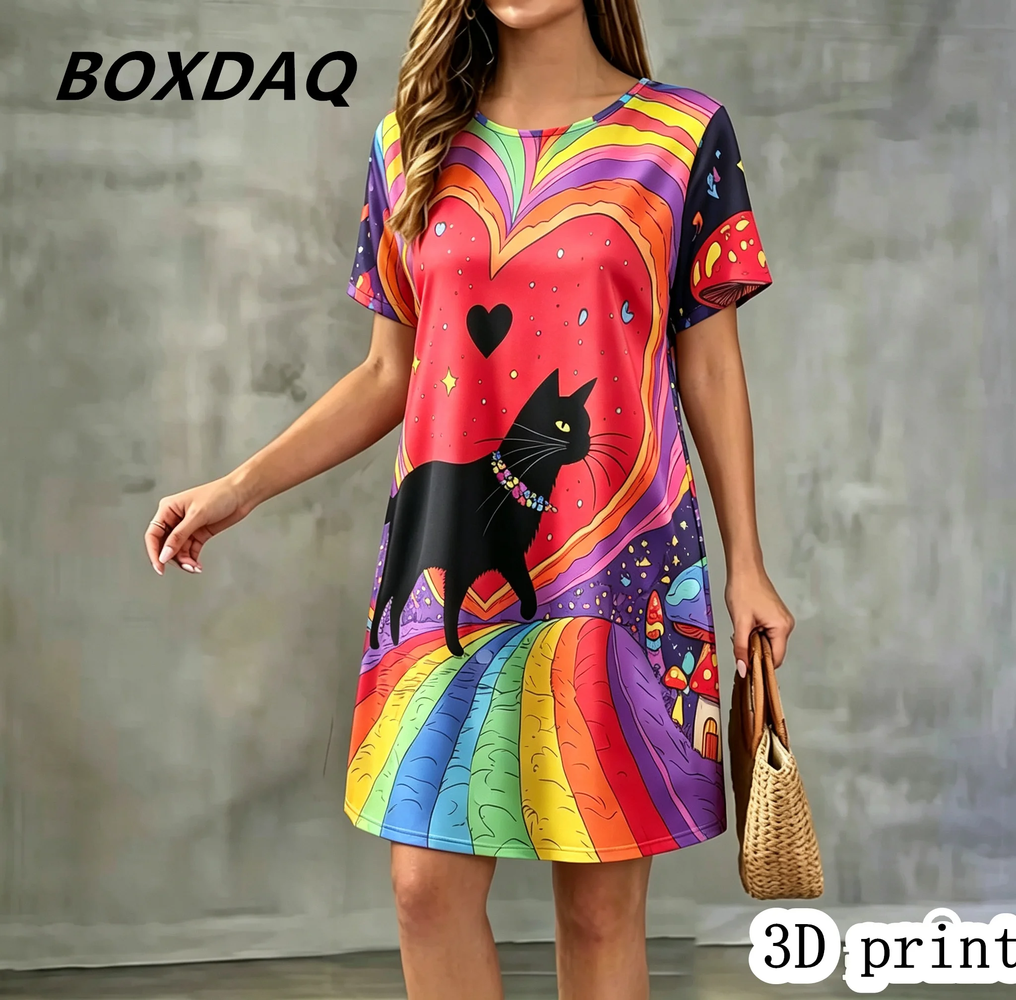 Elegant Cute Cat Pattern Women Dress Fashion Summer New Short Sleeve 3D Print Loose Casual Dress Big Size 3XL Women Vestidos