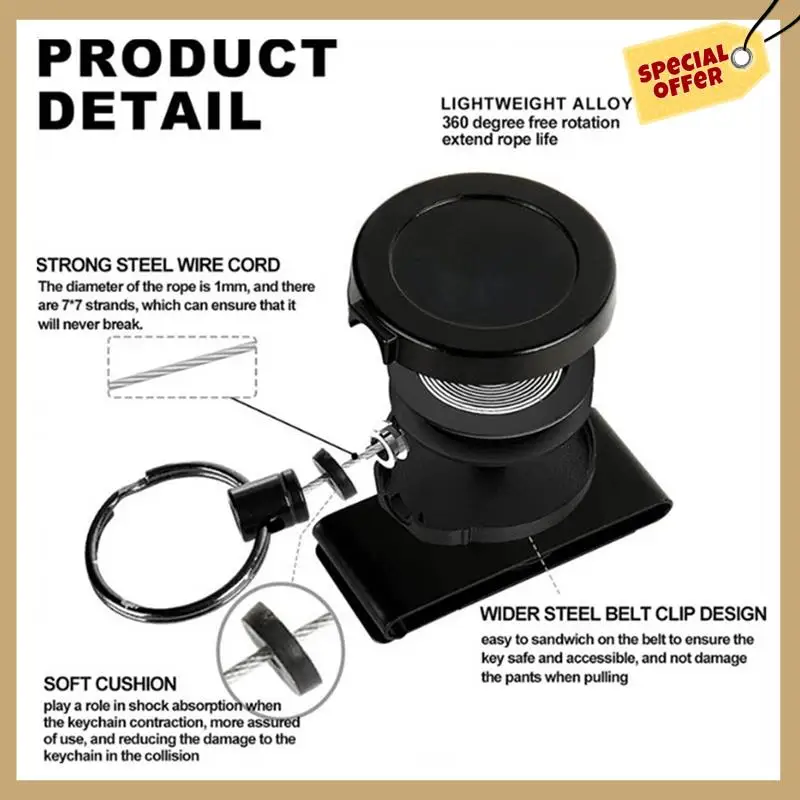 Стабильный выдвижной брелок для тяжелых условий эксплуатации с зажимом для ремня, 360° °   Выдвижной брелок для тяжелых условий эксплуатации с тросом и ключом R