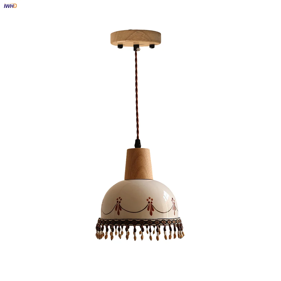 

IWHD French Tassel LED Pendant Lamp Reading Bedroom Cafe Wood Nordic Modern White Hand-drawn Ceramic Hanging Light Fixture Lampa