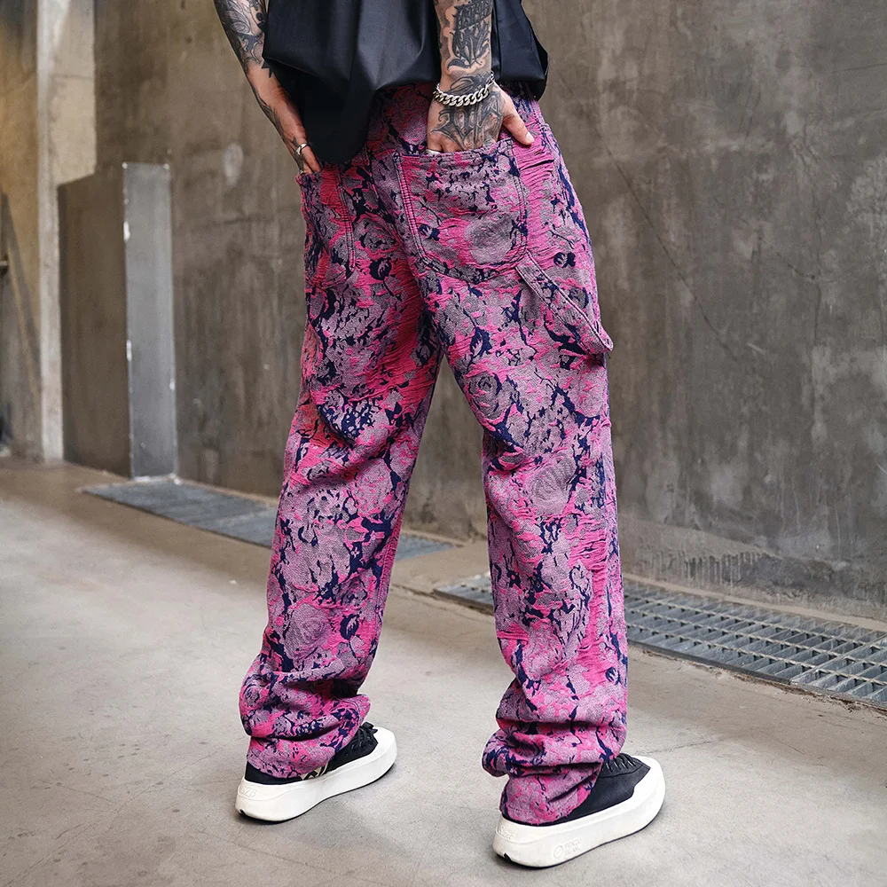 Men Jacquard Weave Denim Jeans Loose Wide Leg Pants Streetwear Hip Hop Purple Red Ripped Pattern Trousers