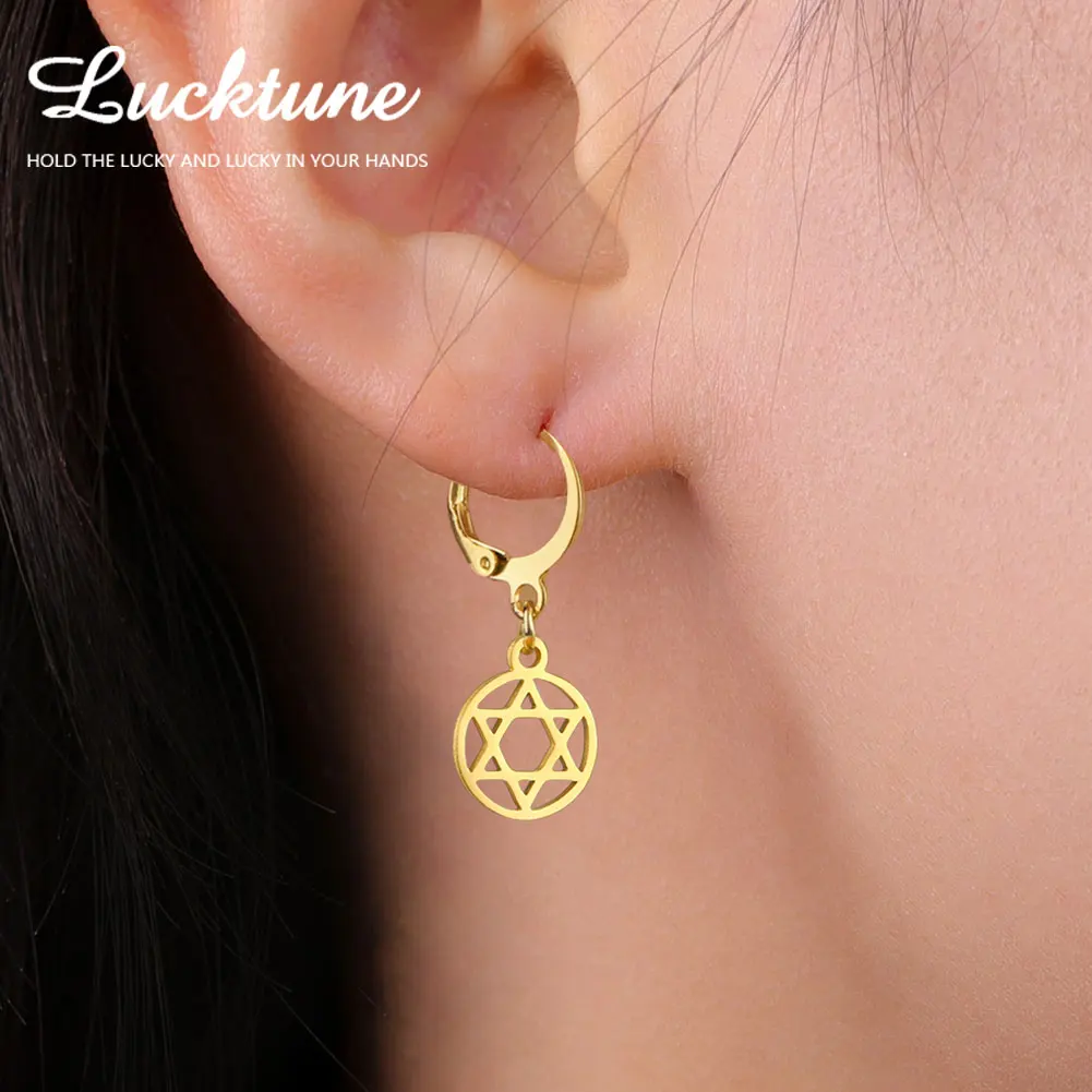 Lucktue Hexagram Star Earrings Stainless Steel Star Of David Round Dangle Earrings for Women Israel Jewish Judaism Jewelry Gifts