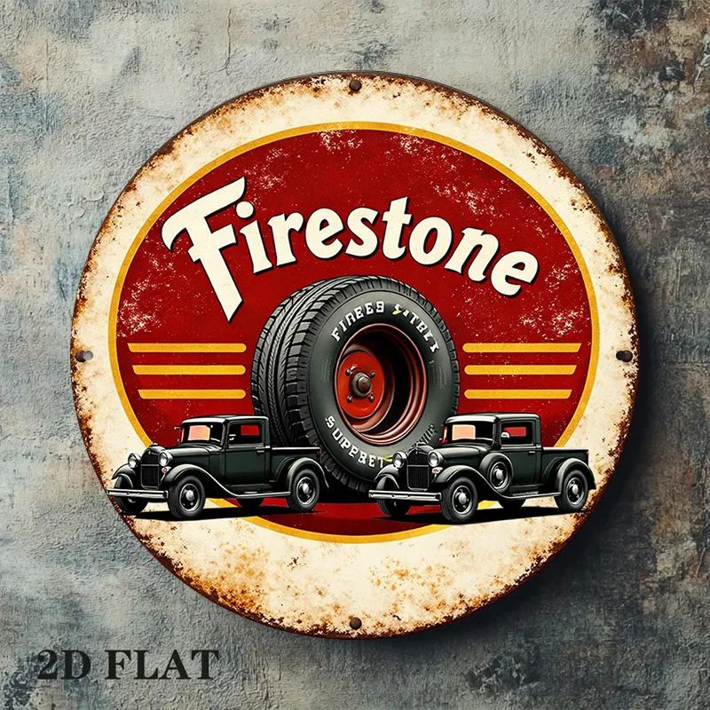 2D Flat, 1pc 8x8in/20x20cm 2D Flat Round Sign, Vintage Firestone Tire Plaque, Auto Repair Shop Decor Sign,