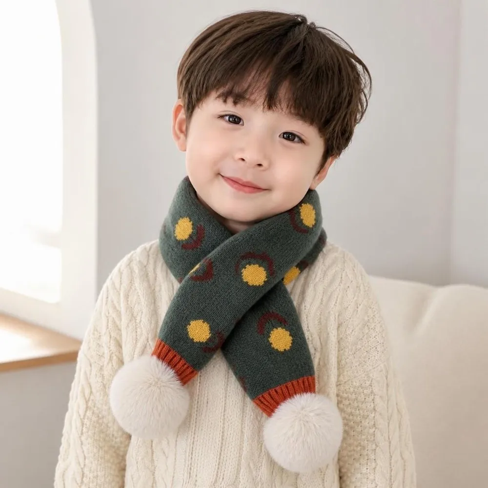 Jacquard Pattern Children Knitted Scarf Pompon Flower Print Girls Scarf Warm Neck Cover Thick Toddlers Warm Scarf