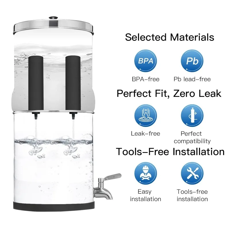 Sistem Filter air gravitasi baja tahan karat 1.5G dengan 2 Filter pembersihan hitam dan klep logam, sertifikasi NSF/ANSI 42