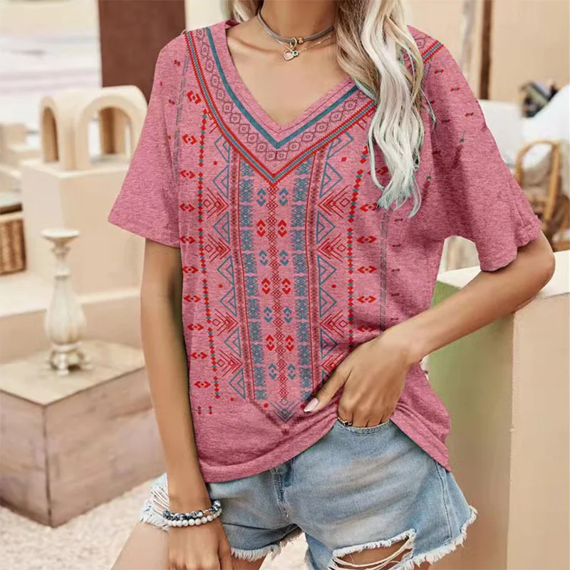 Womens 3D Ethnic Floral Print T-Shirt Vintage V-Neck Top Bohemian Streetwear Harajuku Oversized T-Shirt Womenswear