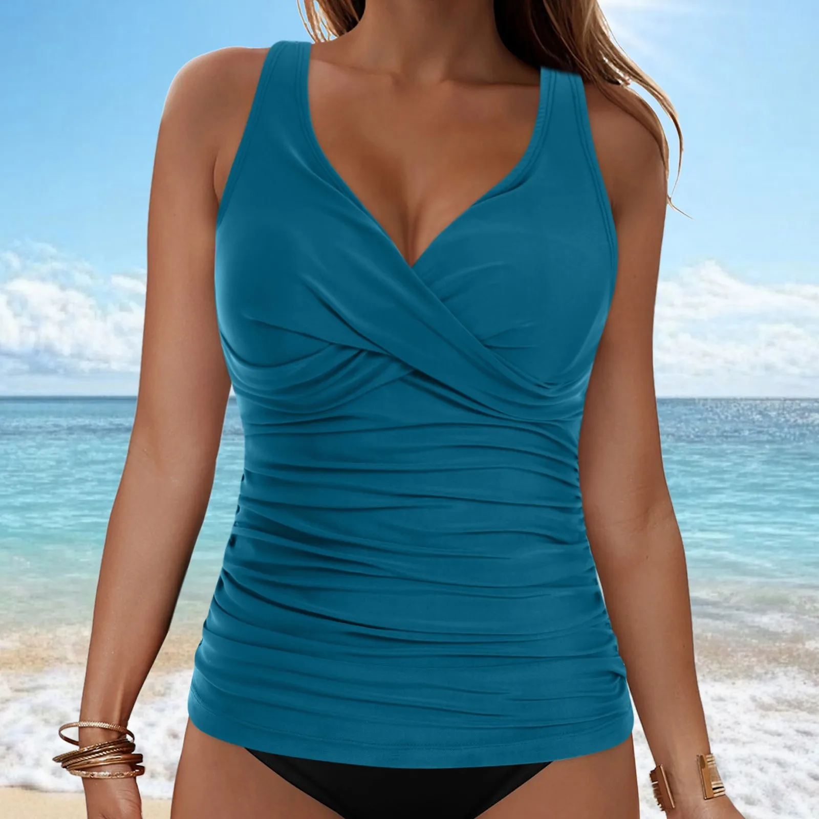 Costume da bagno donna senza ferretto Tankini Top da donna staccabile cuscino pettorale scollo a V vita Cinch pieghe costume da bagno Trajes De BañO Mujer