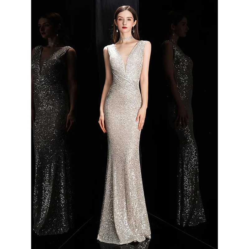 Elegant Deeo V-Neck Sequined Mermaid Party Dress Women Slim Sleeveless Female Lady Shining Evening Gown