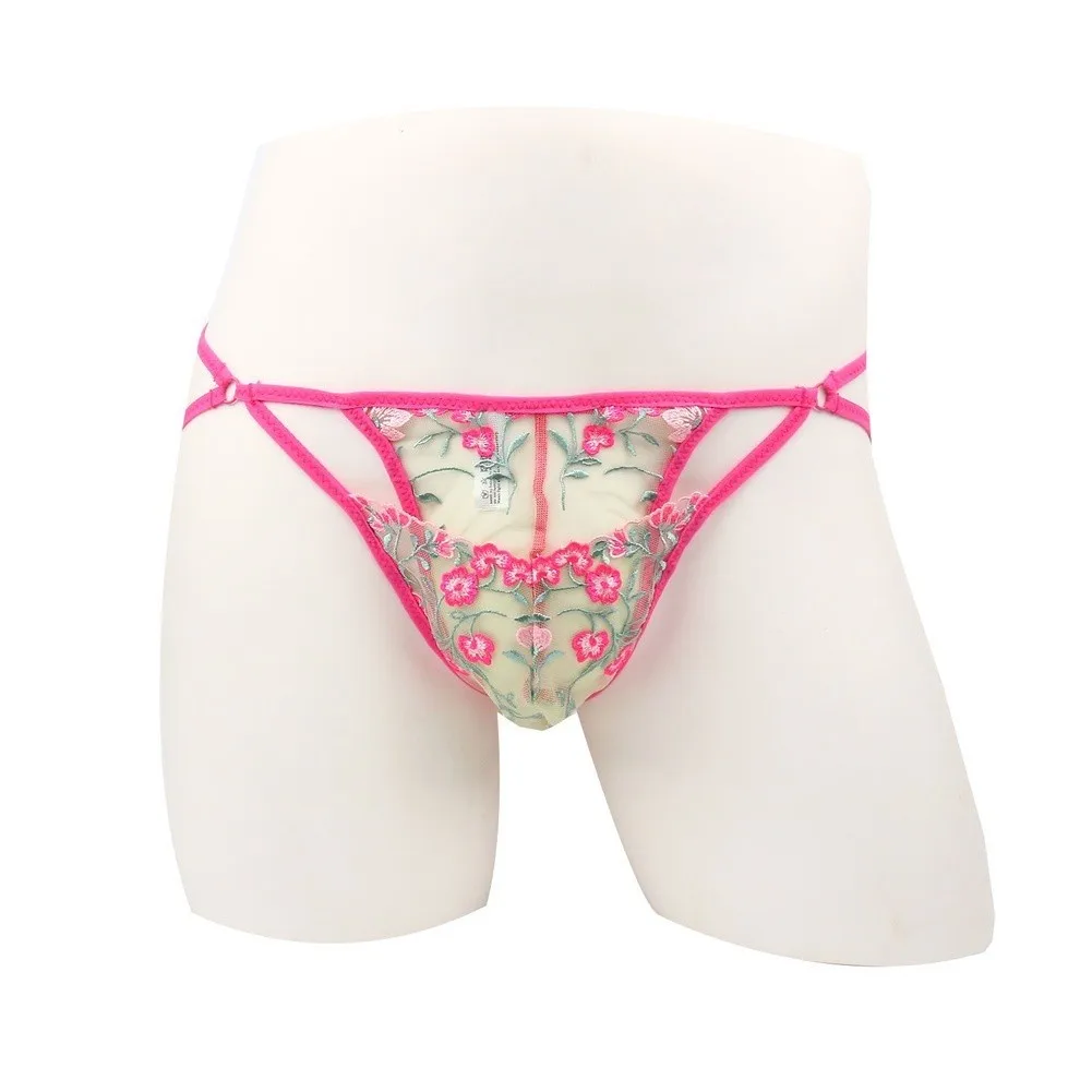 1pc Men Mesh Floral Embroidered Lace G-String See Through Underwear Low-waist Breathable Thongs Hollow Out Printing T-back
