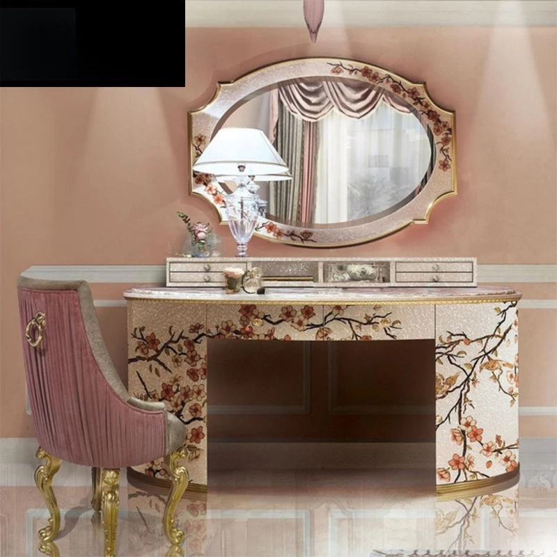 French Italian shell parquet European porch table birch carved makeup mirror dresser combination