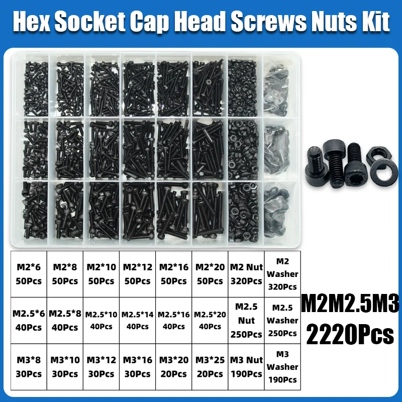 M2 M2,5 M3 M4 M5 M6 Innensechskant-Set Inbusschraube DIN912 Schwarz 12,9 Kohlenstoffstahl Schrauben Muttern Bolzen Unterlegscheibe Sortiment – Detail 7