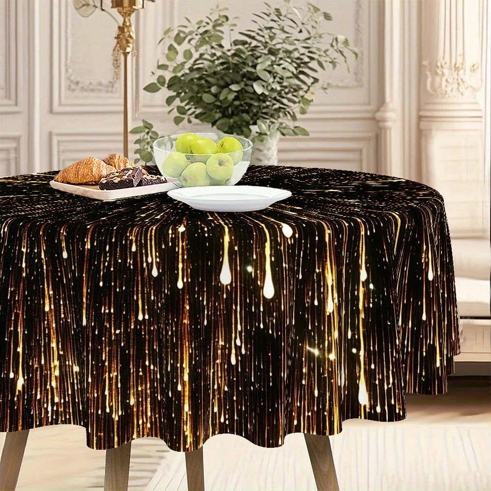 1pc Art Black Gold Glitter Gradient Printed Round Tablecloth for Home Kitchen, Dining Room or Patiozyc