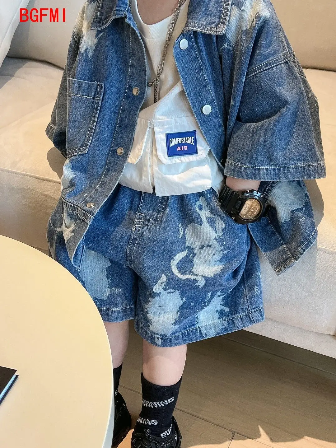 2024 Baby Solid Denim Short Sleeve Set Boys and Girls\' Denim Shirts and Shorts Two Piece Set ins Simple Casual Sportswear 2PCS