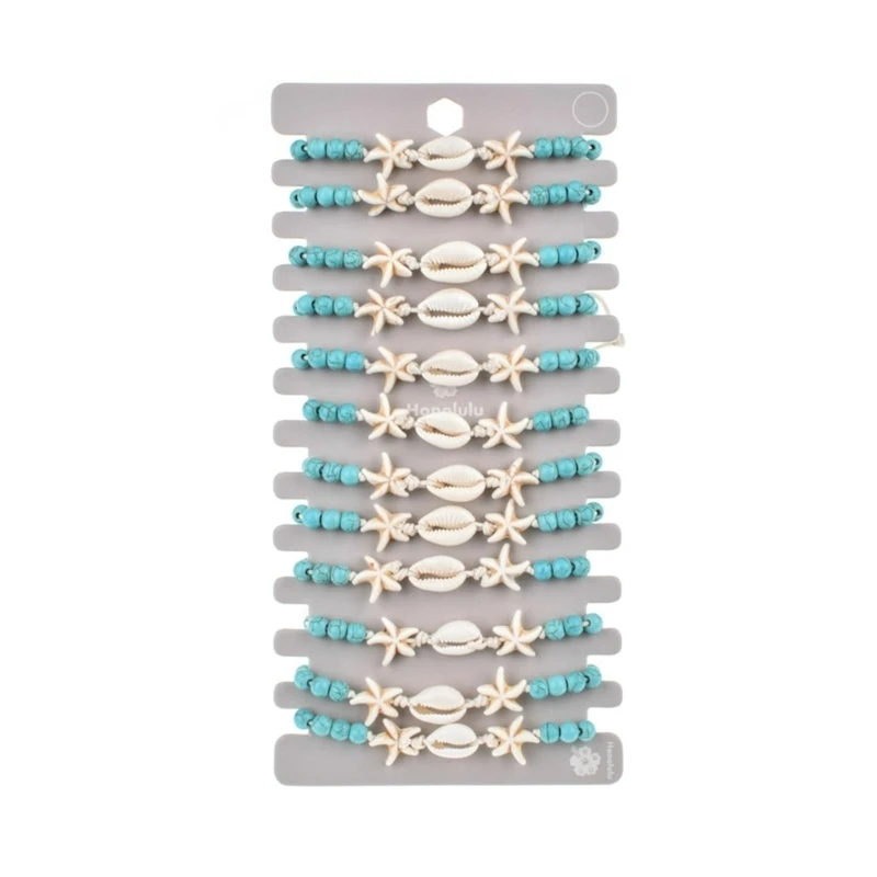 F2TD 12pcs Vintage Stone Beads Shell Charm Bracelets Set For Women Men Handmade