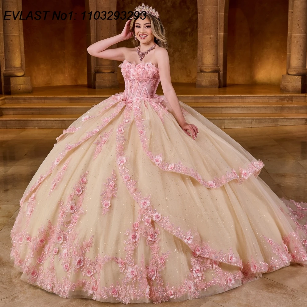 EVLAST Customized Glitter Quinceanera Dress Ball Gown Pink Floral Applique Beaded Tiered Bow Sweet 16 Vestido De 15 Anos E1Q198