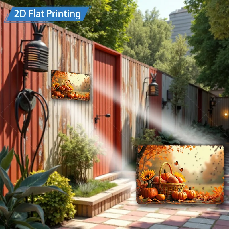 [2D FLAT] Металлический знак, 1 шт., 8x8-дюймовая корзина с тыквой для осеннего урожая, 2D металлический настенный художественный декор с плоским принтом