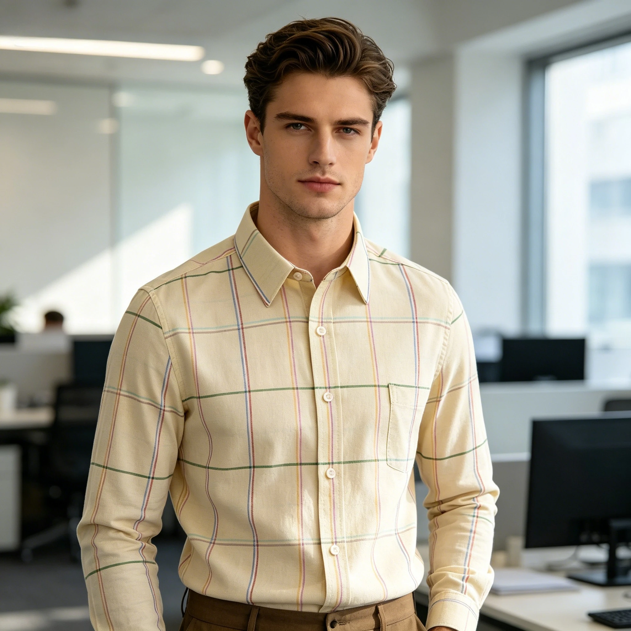 Men's Social Shirt Pure Cotton Oxford Luxury Brand Thin Soft Buttoned Plaid Formal Work Western Clothing