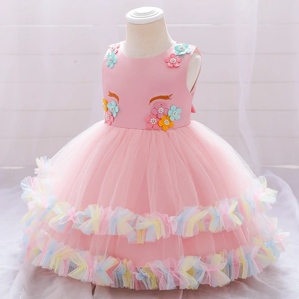 Colorful Unicorn Baby Girls 1st Birthday Dress Flower Tulle Baptism Kids Dresses For Girl Wedding Toddler Infant Party Prom Gown