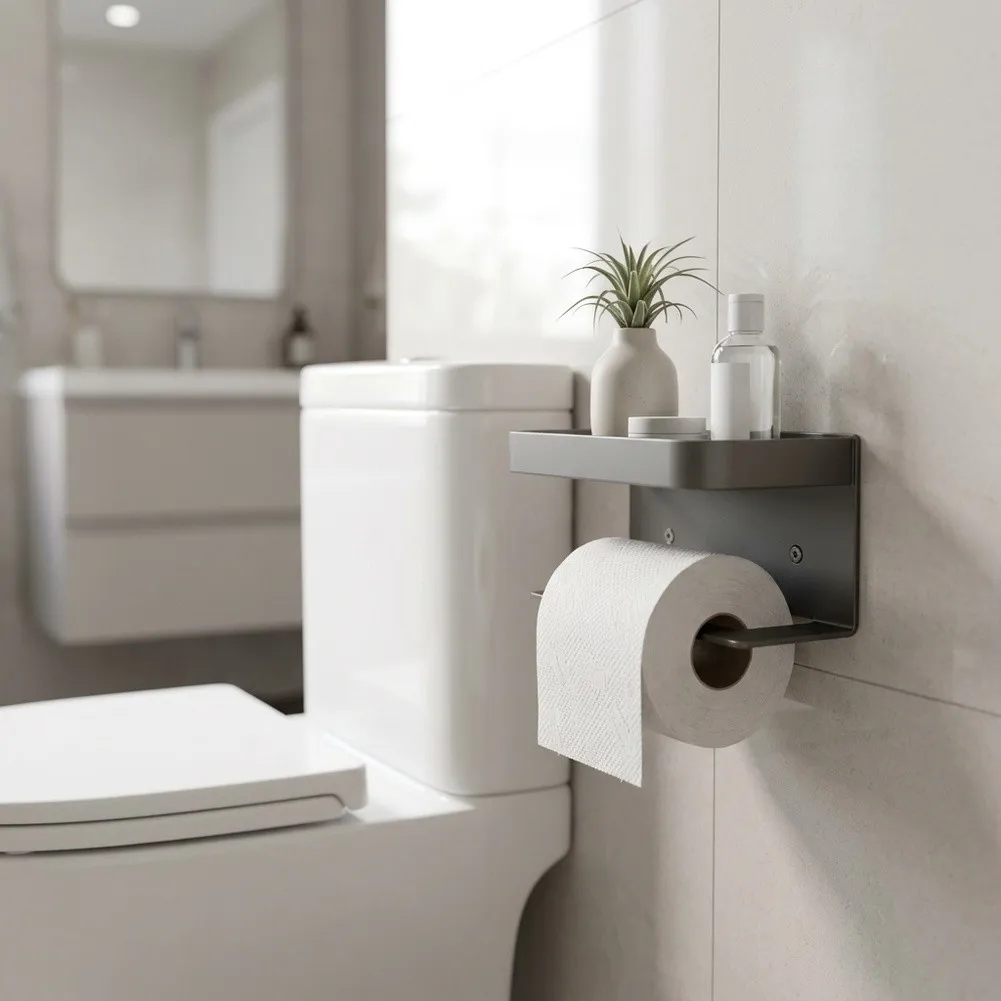 Aluminum Toilet Paper Holder with Shelf Designed for Humidity Resistance and Seamless Integration in Bathroom Layouts