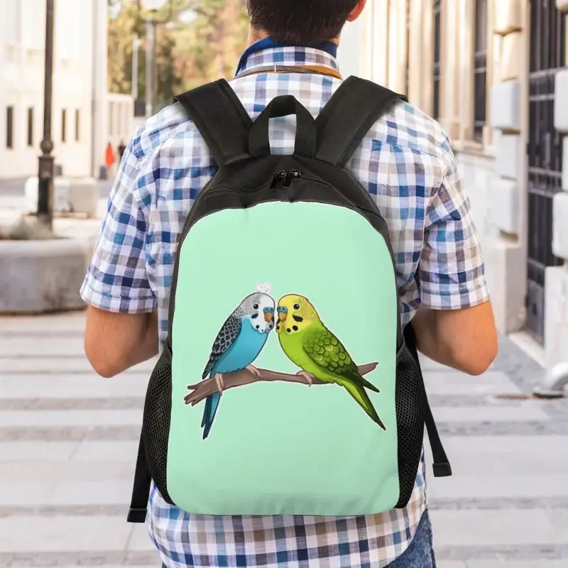 Cute Budgie Birds Mochilas para meninos e meninas, 3D Print, Papagaio, Escola, Faculdade, Bolsas de viagem, Mulheres, Homens, Bookbag Fits, 15 Polegada Laptop