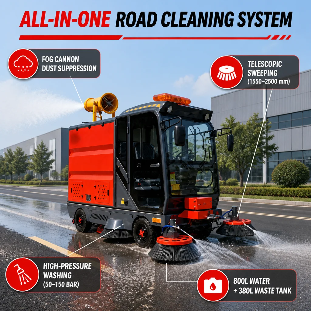 Multi-functional Electric Street Sweeper Truck with Fog Cannon & High Pressure Washer 2500mm Telescopic Road Cleaning Machine