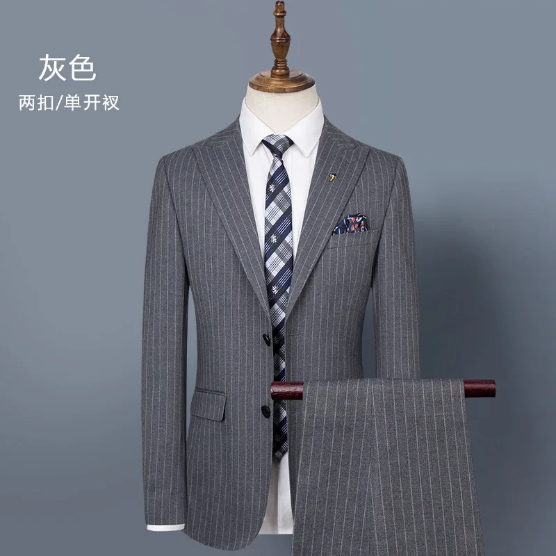 

Fc239 men's suit set with peaked lapel and double slit striped suit for groom and best man wedding dress