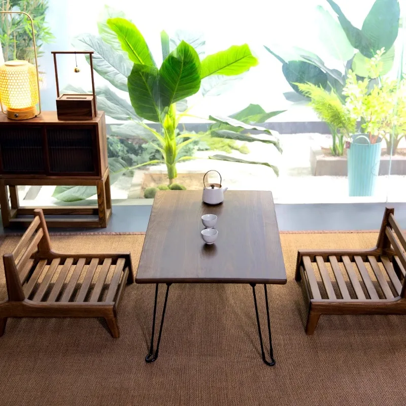 Antique Elm Folding Table Japanese Style Tatami Tea Table Compact Floor Desk with Legs Rustic End