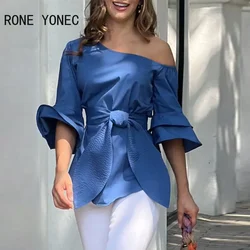 Women Solid Diagonal Collar Off Shoulder with Belts Half Flared Sleeves Blouse