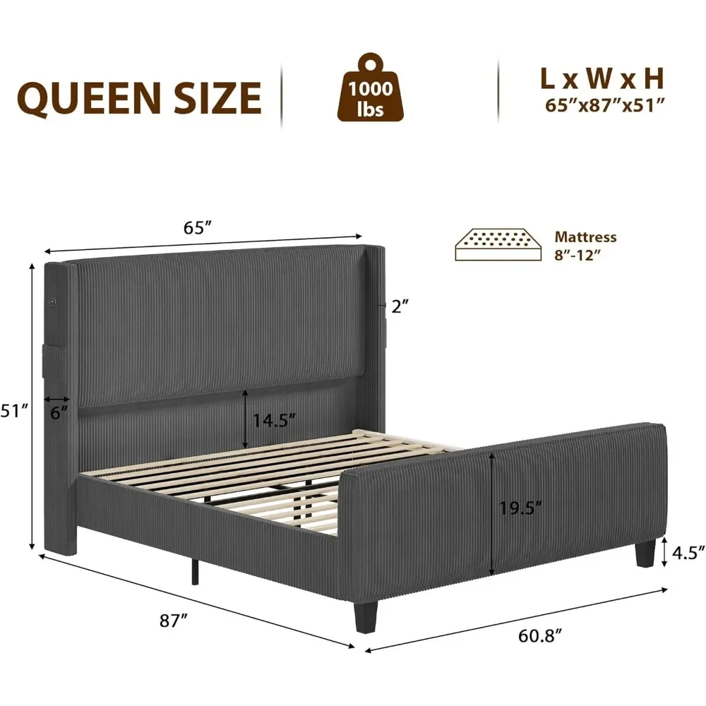 Queen Bed Frame with Headboard and Footboard，Corduroy Bed Frames with USB Ports Easy Assembly，Platform Bed Frame