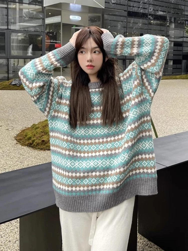 2025 جديد ريترو اليابانية شريط الماس سترة المرأة الخريف الشتاء كسول الراقية محبوك بلوزة فضفاضة تناسب الجولة Ne Long Sve