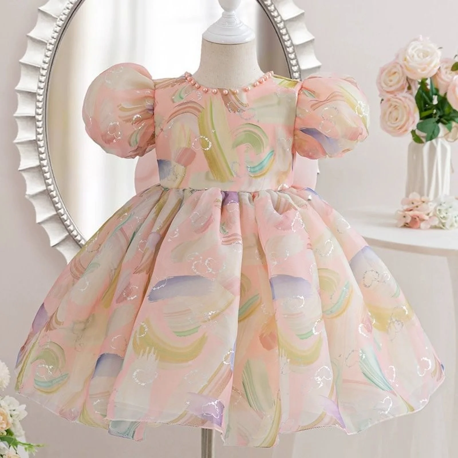 

2025 New Summer Children Girls Party Dresses Formal Occasion Holiday Pageant Dress Children Short Sleeve Prom Princess Dresses
