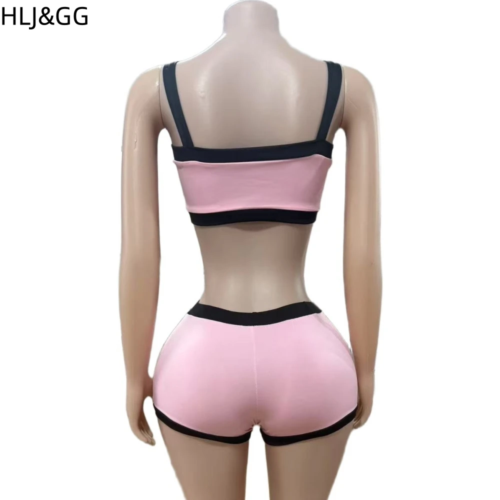HLJ&GG Pink Sexy Solid Color Patchwork Two Piece Sets Women Round Neck Sleeveless Slim Crop Top And Shorts Outfits Streetwear