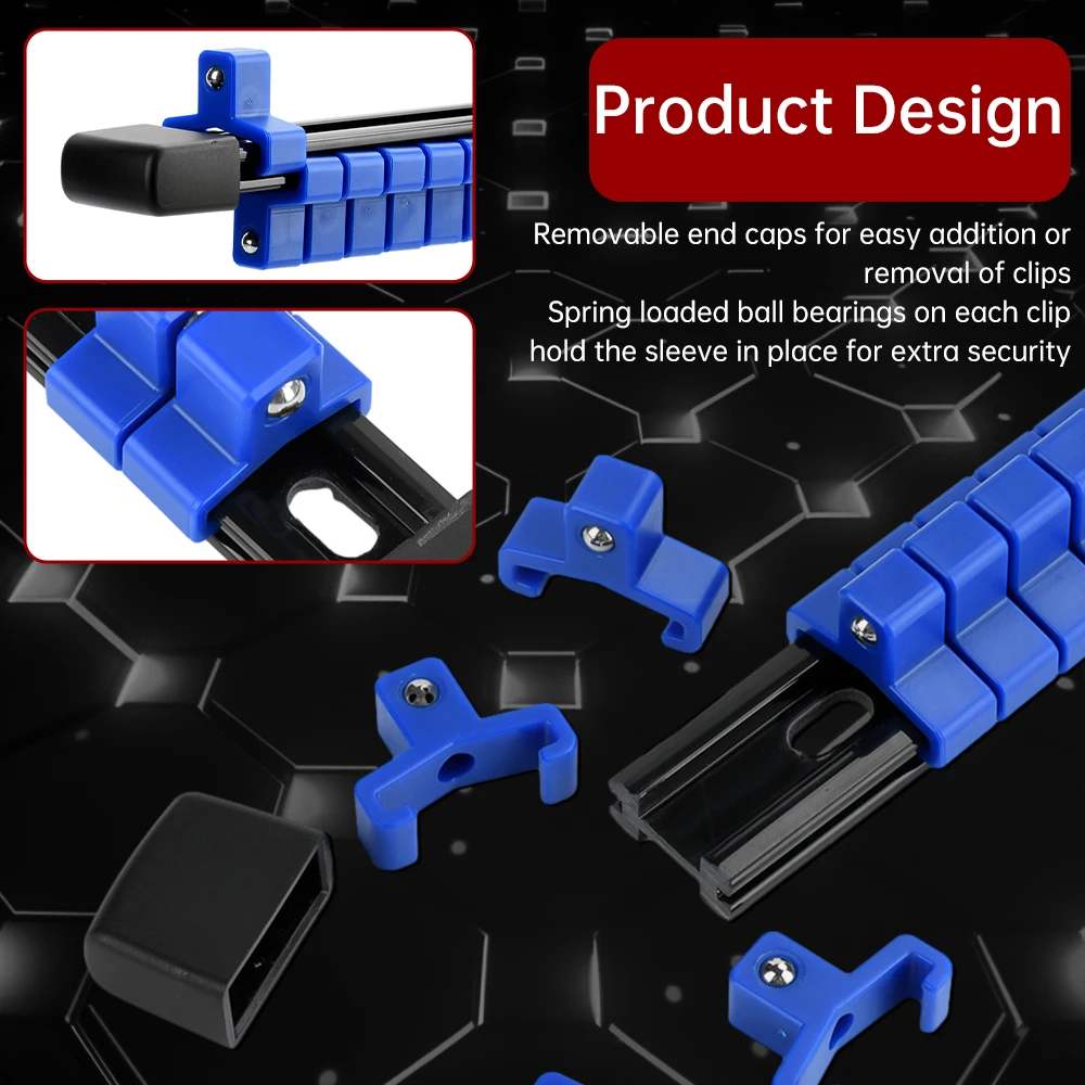 Socket Organizer Drive 1/2-Inch x 12 Clips 3/8-Inch x 15 Clips 1/4-Inch x 16 Clips Premium Quality Socket Clip Rail Holder