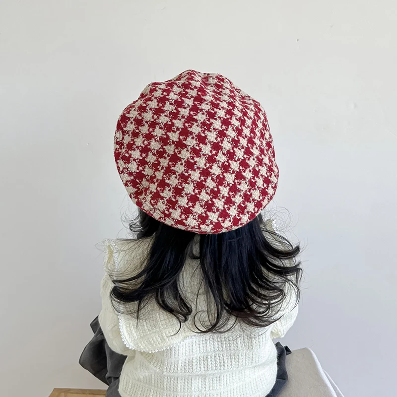 Autumn Winter Baby Hat Christmas Wool Children Beret Hats for Girls Adjustable Fashion Plaid Kids Cap New Year Gift 2-7Y