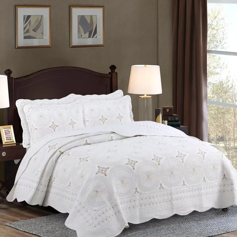 3Pcs Bedspread 100% Cotton Quilted Bed Cover King Size White Embroidery Pillowcase Blanket Solid Quilt For Couples Bedding Set