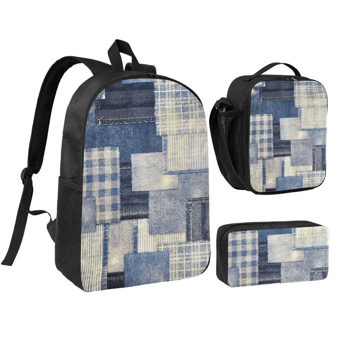 Faux Denim Patchwork Print Backpack Student BookBag School Bag Shoulder Bags 3ps Insulated Lunch Bag Pencil Case