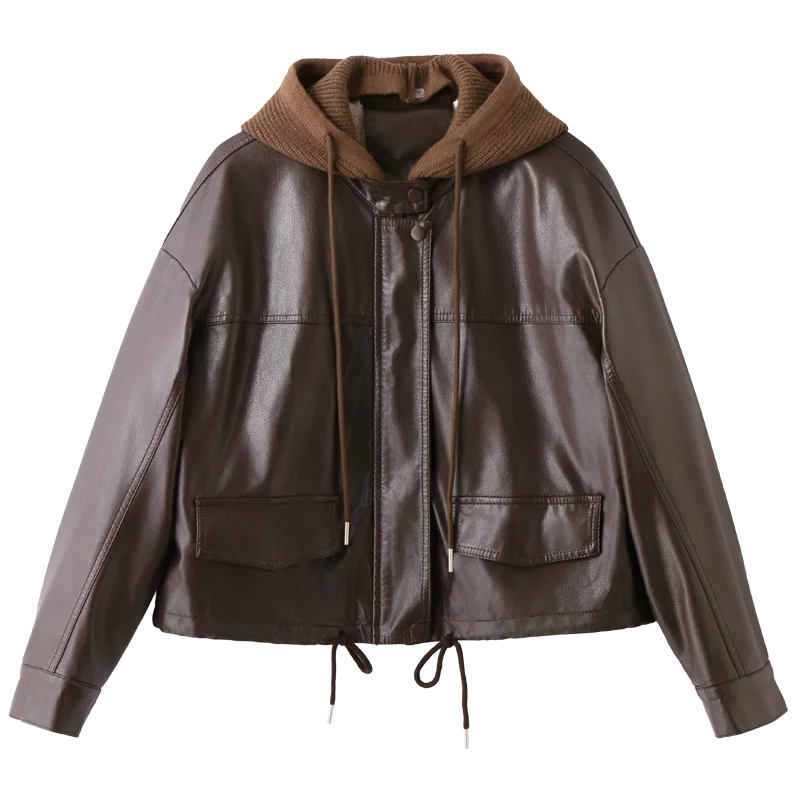 Veste en cuir PU pour femme, automne-hiver 2026, doublée polaire, courte, ample, à capuche tricotée, décontractée, vêtements d'extérieur, streetwear féminin