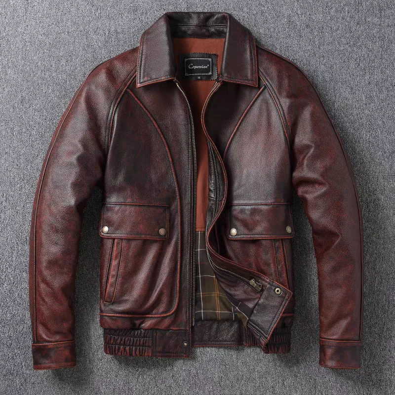 Men\'s Leather Jacket Red Retro Loose Motorcycle Cowhide Jacket Casual Lapel Factory Direct Sales Quality, Windproof,Thick,Trendy