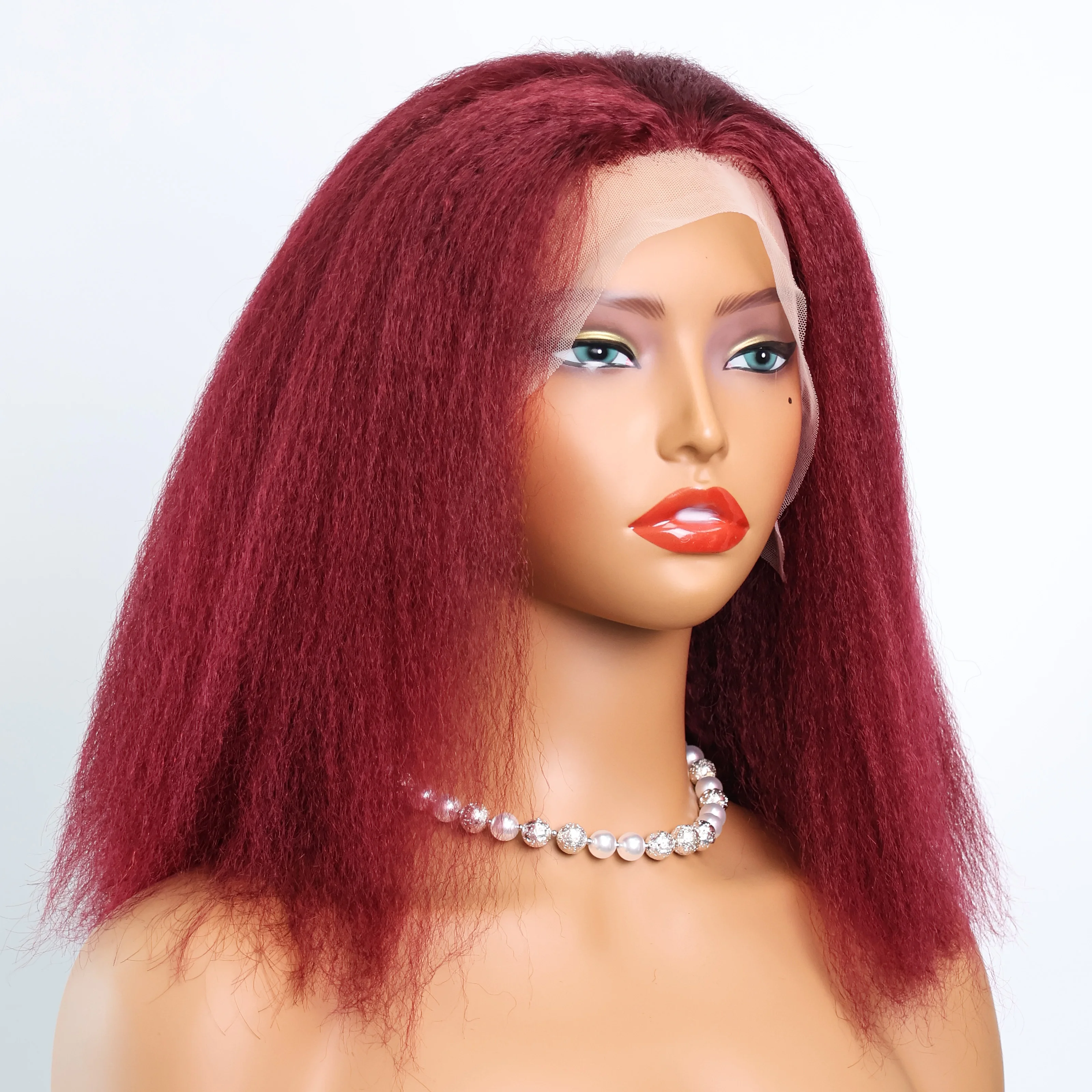 密度200の縮れストレート99Jボブウィッグ人毛ブラジル産バーガンディレッドカラー13x4レースフロント人毛ウィッグ焼きショートヘア