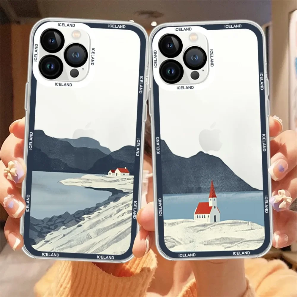 Iceland Mountain Sea House Illustration Phone Case  For iPhone 15 13 14 12 11 Pro Max X XR XS Max