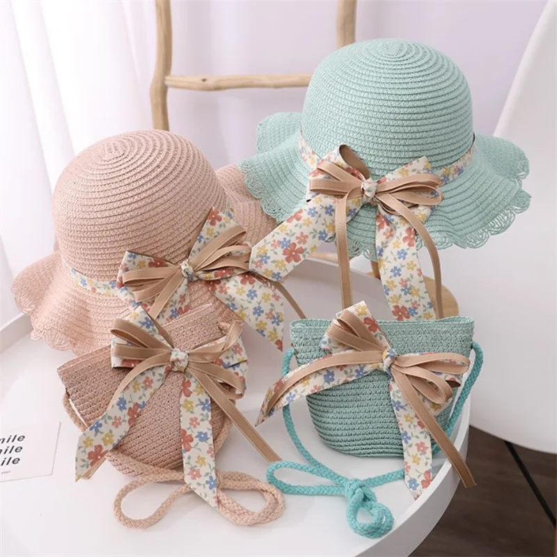 Straw Hat 2pcs Suit Cute and Shoulder Bag Girls Cartoon Bear Children Sun Hat Bag Set Spring Beach Hats For BoyGirl Kid Brim Cap