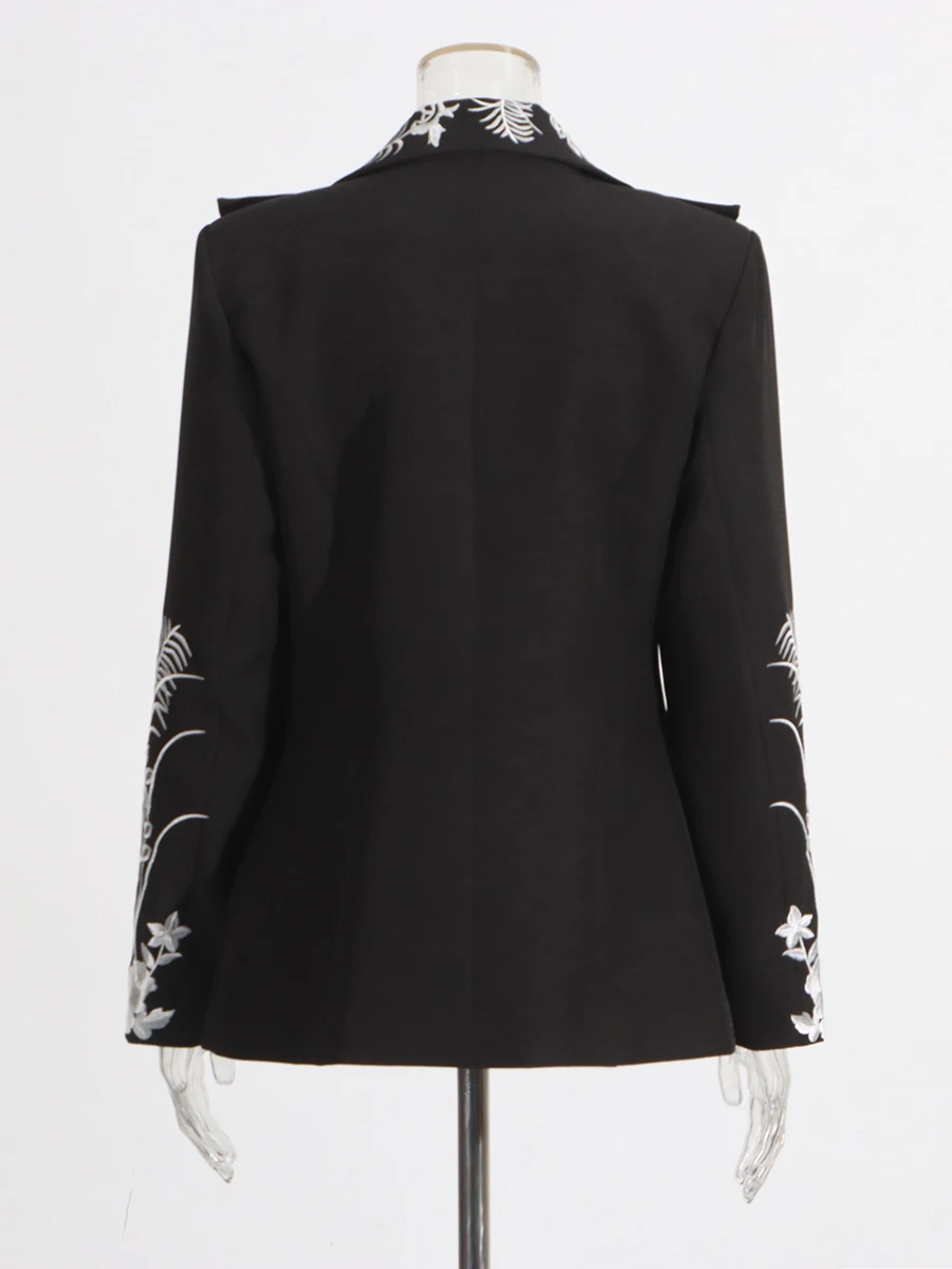 VGH 패션 어깨 패드 디자이너 블레이저 여성용 노치 칼라 긴 소매 패치 워크 자수 슬리밍 코트 여성 봄