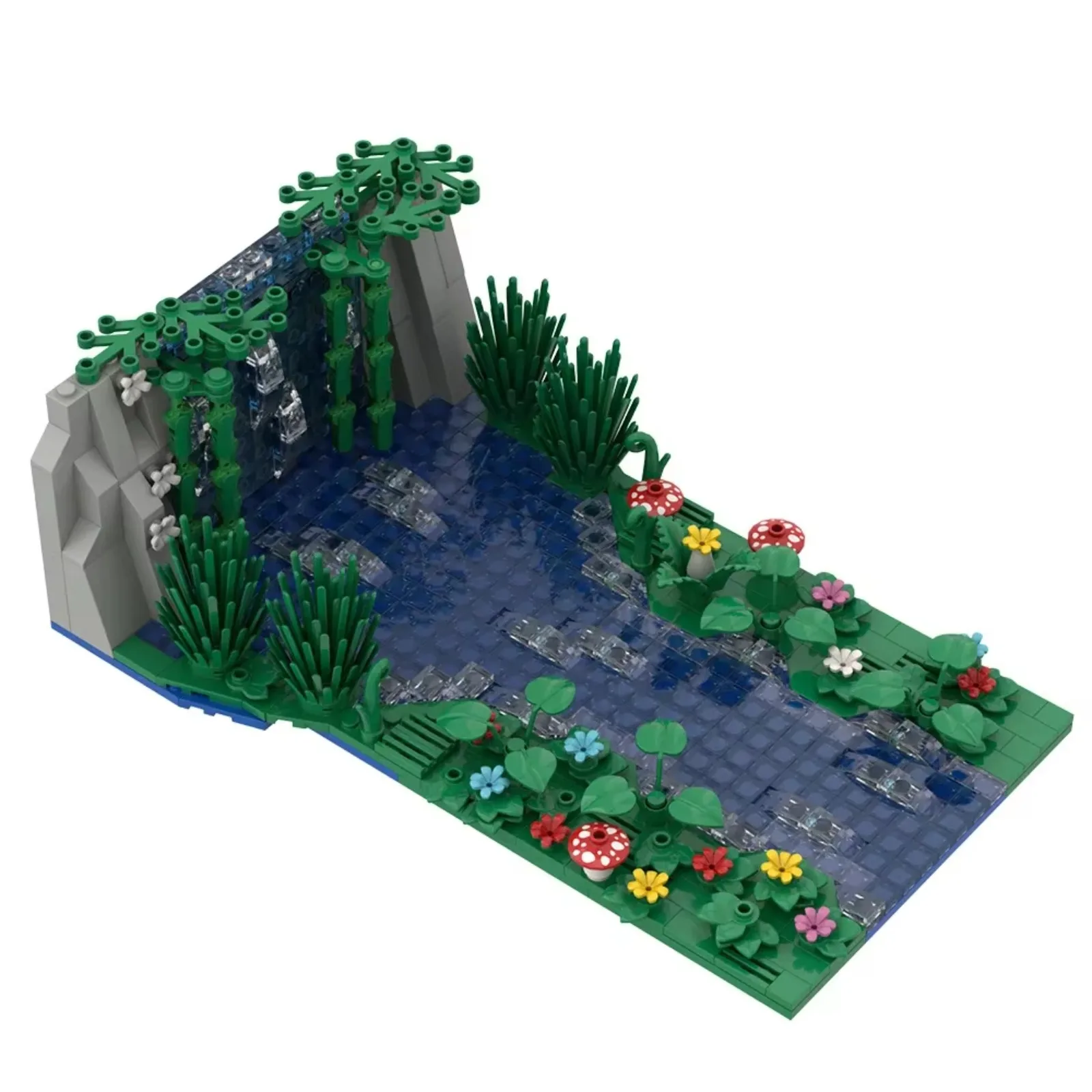 647pcs Waterfall MOC Building Blocks Set with Pond Mushroom Flowers Creative Assembled Bricks Educational Kids Toy Gift