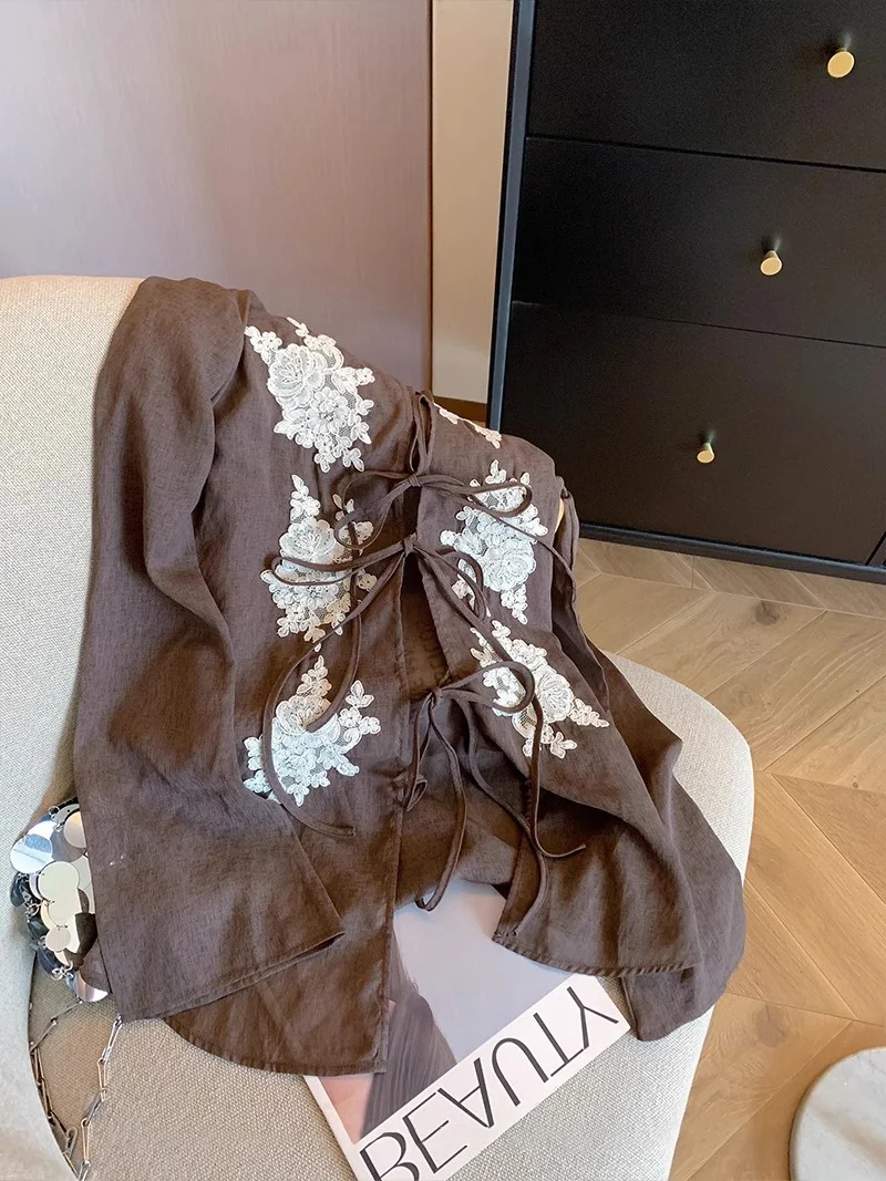 American Sle Rebites Retro Lace Bordado Cinto V-ne Dr irt Mulheres Verão Sensation de Alta Precisão Solto Combinável Bel...