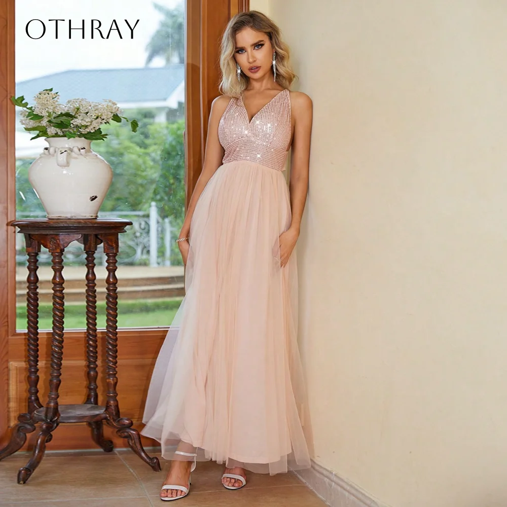 

Sequined V-neck A-line Prom Dresses Pleated Sash Ankle Length Sleeveless Criss-cross Customized платье женское