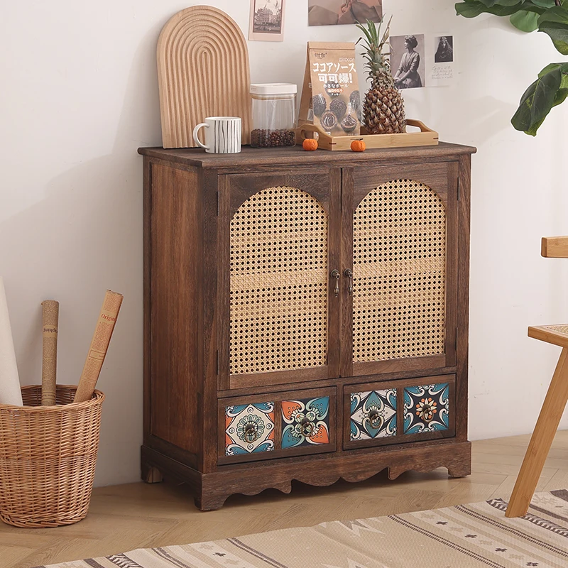 Solid wood multi-functional chest cabinet, entrance side dining side cabinet, door shoe cabinet, Nordic rattan retro simple stor